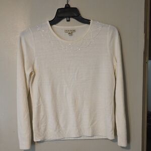 Karen Scott Cream Long-Sleeve Beaded Crewneck Sweater